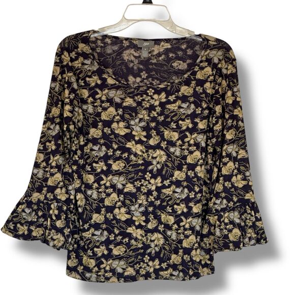 J Jill Navy Blue Yellow Floral 3/4 Ruffle Sleeve Lightweight Top Medium - Picture 2 of 8